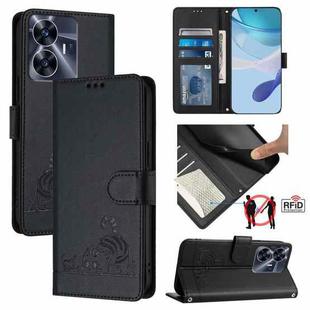 For Realme C55 4G Global Cat Rat Embossed Pattern RFID Leather Phone Case with Lanyard(Black)