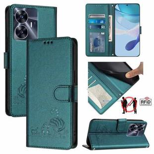 For Realme C55 4G Global Cat Rat Embossed Pattern RFID Leather Phone Case with Lanyard(Peacock Green)