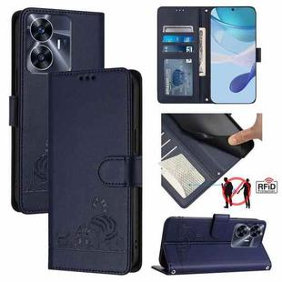 For Realme C55 4G Global Cat Rat Embossed Pattern RFID Leather Phone Case with Lanyard(Blue)