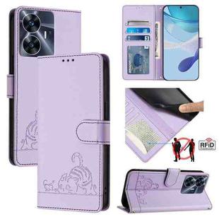 For Realme C55 4G Global Cat Rat Embossed Pattern RFID Leather Phone Case with Lanyard(Purple)