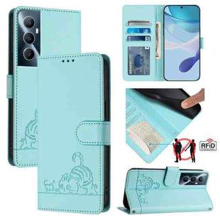 For Realme C65 4G Global Cat Rat Embossed Pattern RFID Leather Phone Case with Lanyard(Mint Green)