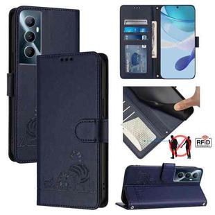 For Realme C65 4G Global Cat Rat Embossed Pattern RFID Leather Phone Case with Lanyard(Blue)