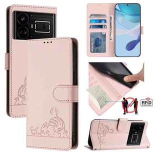 For Realme GT 5G / GT NEO 5G Cat Rat Embossed Pattern RFID Leather Phone Case with Lanyard(Pink)