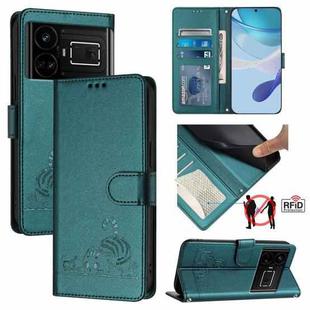 For Realme GT 5G / GT NEO 5G Cat Rat Embossed Pattern RFID Leather Phone Case with Lanyard(Peacock Green)