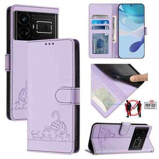 For Realme GT 5G / GT NEO 5G Cat Rat Embossed Pattern RFID Leather Phone Case with Lanyard(Purple)