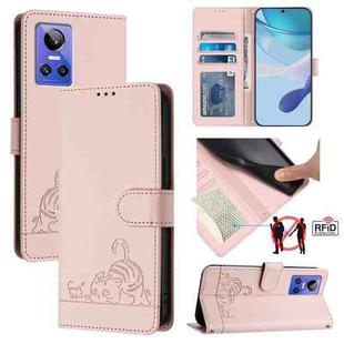 For Realme GT NEO3 Cat Rat Embossed Pattern RFID Leather Phone Case with Lanyard(Pink)
