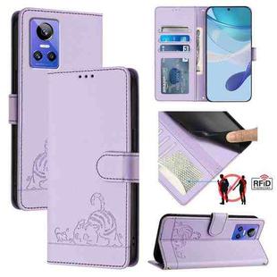 For Realme GT NEO3 Cat Rat Embossed Pattern RFID Leather Phone Case with Lanyard(Purple)