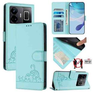 For Realme GT3 5G / GT Neo 5 240W Cat Rat Embossed Pattern RFID Leather Phone Case with Lanyard(Mint Green)