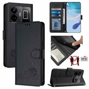 For Realme GT3 5G / GT Neo 5 240W Cat Rat Embossed Pattern RFID Leather Phone Case with Lanyard(Black)