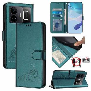 For Realme GT3 5G / GT Neo 5 240W Cat Rat Embossed Pattern RFID Leather Phone Case with Lanyard(Peacock Green)