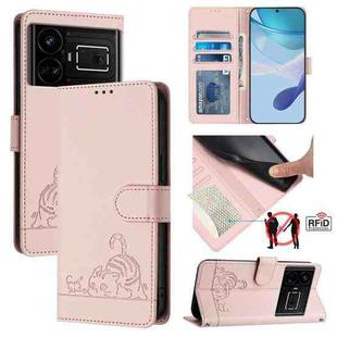 For Realme GT5 5G 240W / GT5 5G Cat Rat Embossed Pattern RFID Leather Phone Case with Lanyard(Pink)