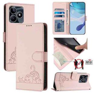 For Realme C51 4G / C53 4G Global Cat Rat Embossed Pattern RFID Leather Phone Case with Lanyard(Pink)