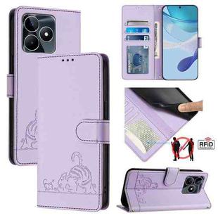 For Realme C51 4G / C53 4G Global Cat Rat Embossed Pattern RFID Leather Phone Case with Lanyard(Purple)