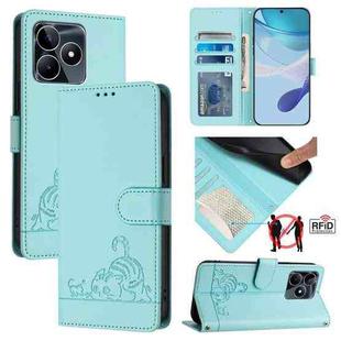 For Realme Narzo N53 4G Global Cat Rat Embossed Pattern RFID Leather Phone Case with Lanyard(Mint Green)