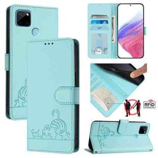 For Realme C21Y Cat Rat Embossed Pattern RFID Leather Phone Case with Lanyard(Mint Green)