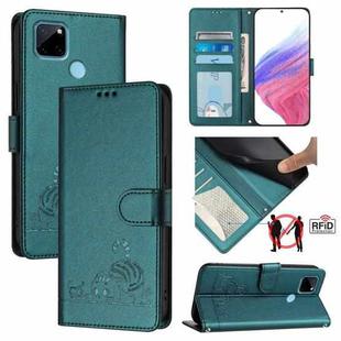 For Realme C21Y Cat Rat Embossed Pattern RFID Leather Phone Case with Lanyard(Peacock Green)