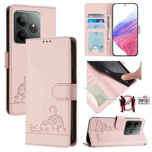 For Realme GT 6 5G Global Cat Rat Embossed Pattern RFID Leather Phone Case with Lanyard(Pink)