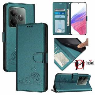 For Realme GT 6T 5G Global Cat Rat Embossed Pattern RFID Leather Phone Case with Lanyard(Peacock Green)