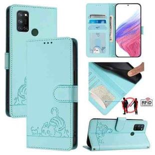 For Realme C17 / 7i Cat Rat Embossed Pattern RFID Leather Phone Case with Lanyard(Mint Green)