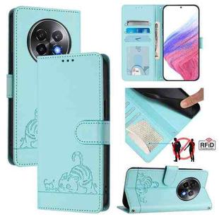 For Realme 13+ 5G Global Cat Rat Embossed Pattern RFID Leather Phone Case with Lanyard(Mint Green)