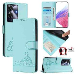 For Realme Note 60 4G Global Cat Rat Embossed Pattern RFID Leather Phone Case with Lanyard(Mint Green)