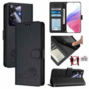 For Realme Note 60 4G Global Cat Rat Embossed Pattern RFID Leather Phone Case with Lanyard(Black)