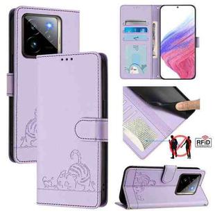 For Realme GT 7 Pro 5G Cat Rat Embossed Pattern RFID Leather Phone Case with Lanyard(Purple)