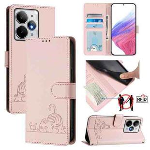 For Realme Neo7 Turbo 5G Cat Rat Embossed Pattern RFID Leather Phone Case with Lanyard(Pink)