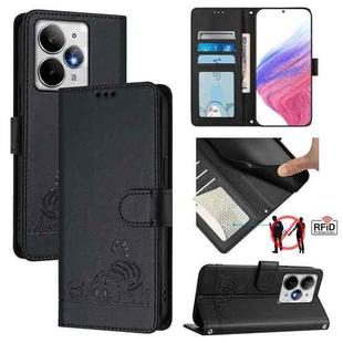 For Realme Neo7 Turbo 5G Cat Rat Embossed Pattern RFID Leather Phone Case with Lanyard(Black)