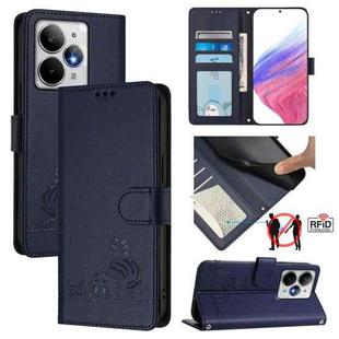 For Realme Neo7 Turbo 5G Cat Rat Embossed Pattern RFID Leather Phone Case with Lanyard(Blue)