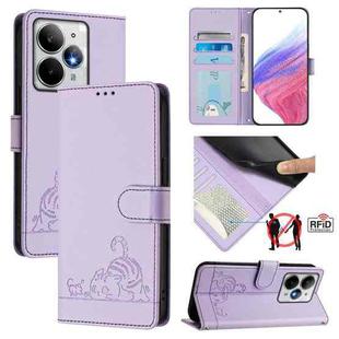 For Realme Neo7 Turbo 5G Cat Rat Embossed Pattern RFID Leather Phone Case with Lanyard(Purple)