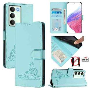For Realme V70 / 14x Global / C75 5G Cat Rat Embossed Pattern RFID Leather Phone Case with Lanyard(Mint Green)