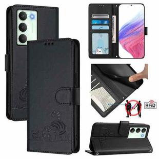 For Realme V70 / 14x Global / C75 5G Cat Rat Embossed Pattern RFID Leather Phone Case with Lanyard(Black)