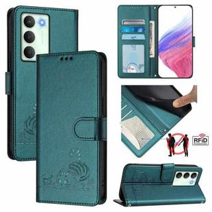 For Realme V70 / 14x Global / C75 5G Cat Rat Embossed Pattern RFID Leather Phone Case with Lanyard(Peacock Green)