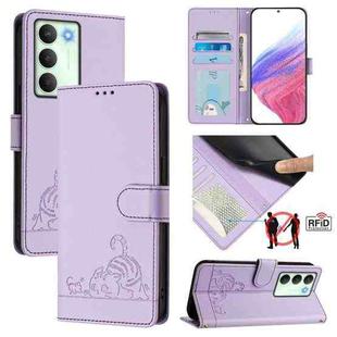 For Realme V70 / 14x Global / C75 5G Cat Rat Embossed Pattern RFID Leather Phone Case with Lanyard(Purple)