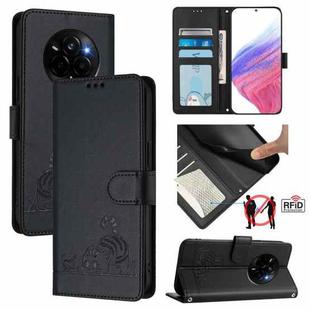For Realme Narzo 80 Pro / 14 Pro 5G India Cat Rat Embossed Pattern RFID Leather Phone Case with Lanyard(Black)