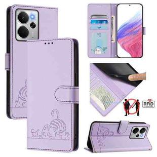 For Realme 14 5G Global / P3 5G India Cat Rat Embossed Pattern RFID Leather Phone Case with Lanyard(Purple)