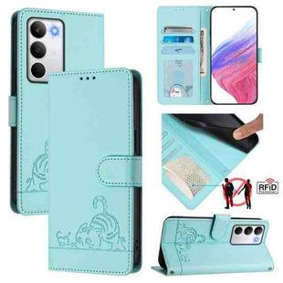 For Realme C71 4G Global Cat Rat Embossed Pattern RFID Leather Phone Case with Lanyard(Mint Green)