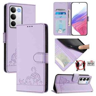 For Realme C71 4G Global Cat Rat Embossed Pattern RFID Leather Phone Case with Lanyard(Purple)