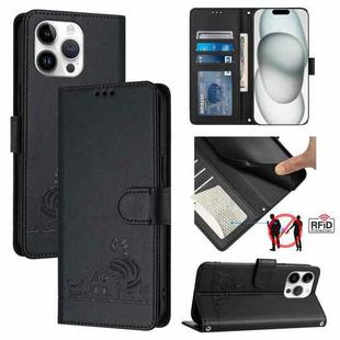 For iPhone 15 Pro Max Cat Rat Embossed Pattern RFID Leather Phone Case with Lanyard(Black)