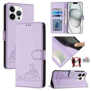 For iPhone 15 Pro Max Cat Rat Embossed Pattern RFID Leather Phone Case with Lanyard(Purple)