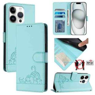 For iPhone 15 Pro Cat Rat Embossed Pattern RFID Leather Phone Case with Lanyard(Mint Green)