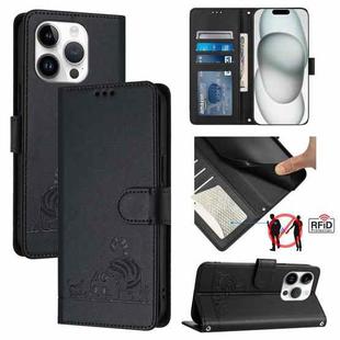 For iPhone 15 Pro Cat Rat Embossed Pattern RFID Leather Phone Case with Lanyard(Black)
