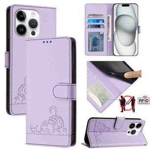 For iPhone 15 Pro Cat Rat Embossed Pattern RFID Leather Phone Case with Lanyard(Purple)