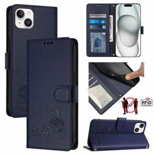 For iPhone 15 Plus Cat Rat Embossed Pattern RFID Leather Phone Case with Lanyard(Blue)