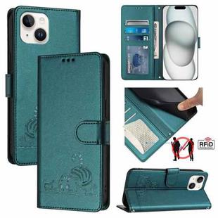 For iPhone 15 Cat Rat Embossed Pattern RFID Leather Phone Case with Lanyard(Peacock Green)