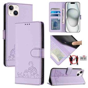 For iPhone 14 Plus Cat Rat Embossed Pattern RFID Leather Phone Case with Lanyard(Purple)
