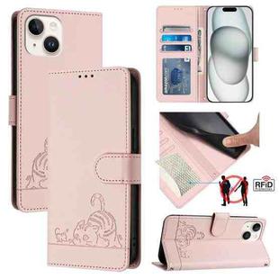 For iPhone 14/13 Cat Rat Embossed Pattern RFID Leather Phone Case with Lanyard(Pink)