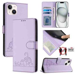 For iPhone 14/13 Cat Rat Embossed Pattern RFID Leather Phone Case with Lanyard(Purple)