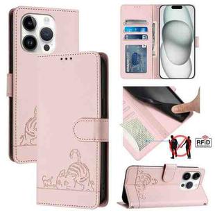 For iPhone 14 Pro Cat Rat Embossed Pattern RFID Leather Phone Case with Lanyard(Pink)